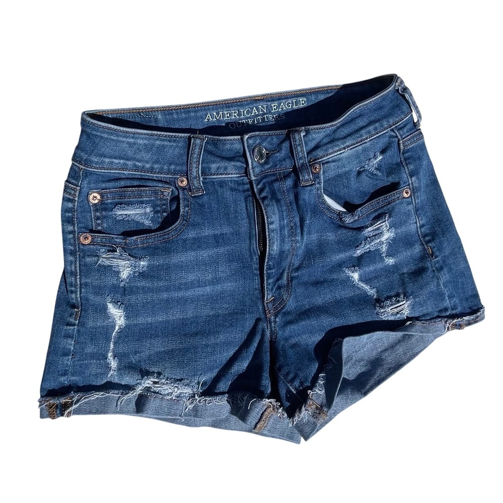 American Eagle Hi-Rise Shortie Distressed Denim Jean Shorts Blue Women 6 28W